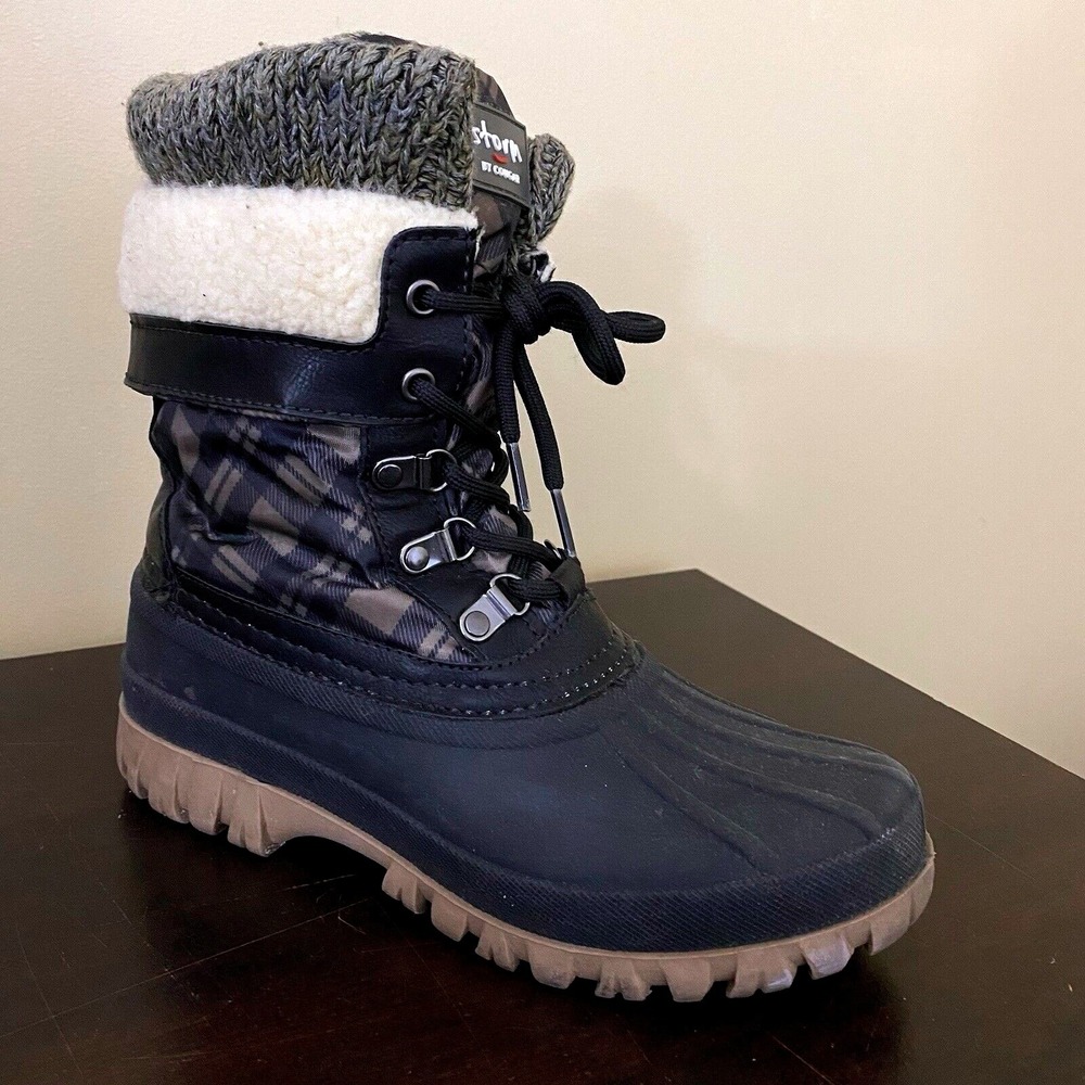 Storm by Cougar Womens Black Plaid Faux Fur Knit Cuff Winter Duck Boots Size 9